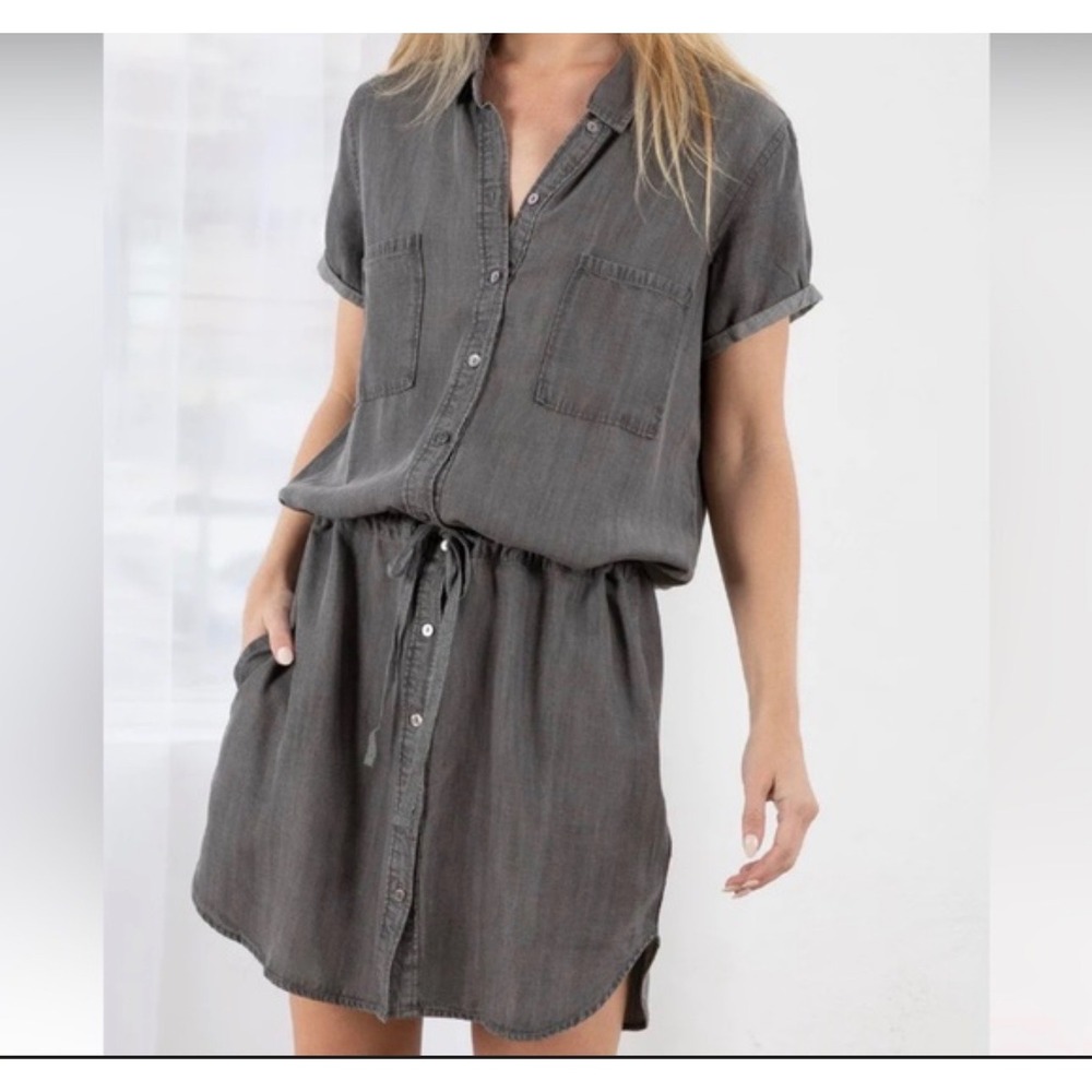 Gray Tencel Shirt Dress Size Small Drawstring‎ Waist Utility Minimalist Casual
